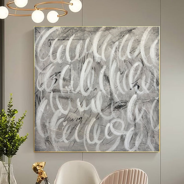 Abstract White and Gray Oil Painting Textured Curved Lines Artwork Original Office Decor | SNOW LETTERS