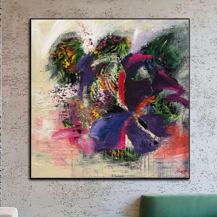 Colorful Original Abstract Painting in Beige, Purple and Green Colors Modern Abstract Fine Art Acrylic Handmade Artwork | FLOWERS BOUQUET - trendgallery.ca