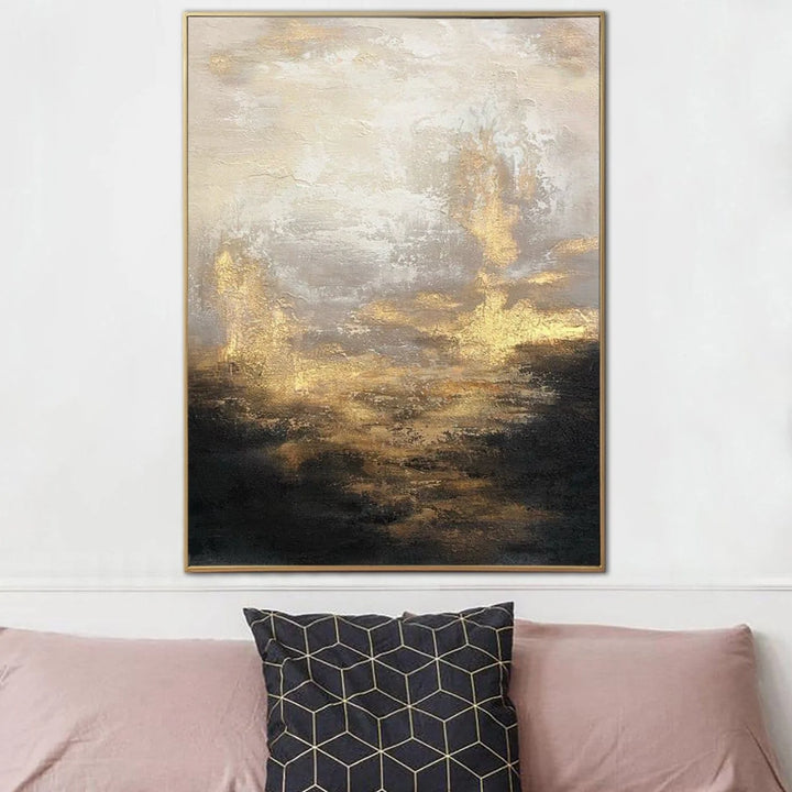 Abstract Black and White Painting on Canvas Gold Leaf Wall Art Beige Artwork Modern Landscape Painting for Aesthetic Room Decor | GOLDEN SUNRISE - trendgallery.ca