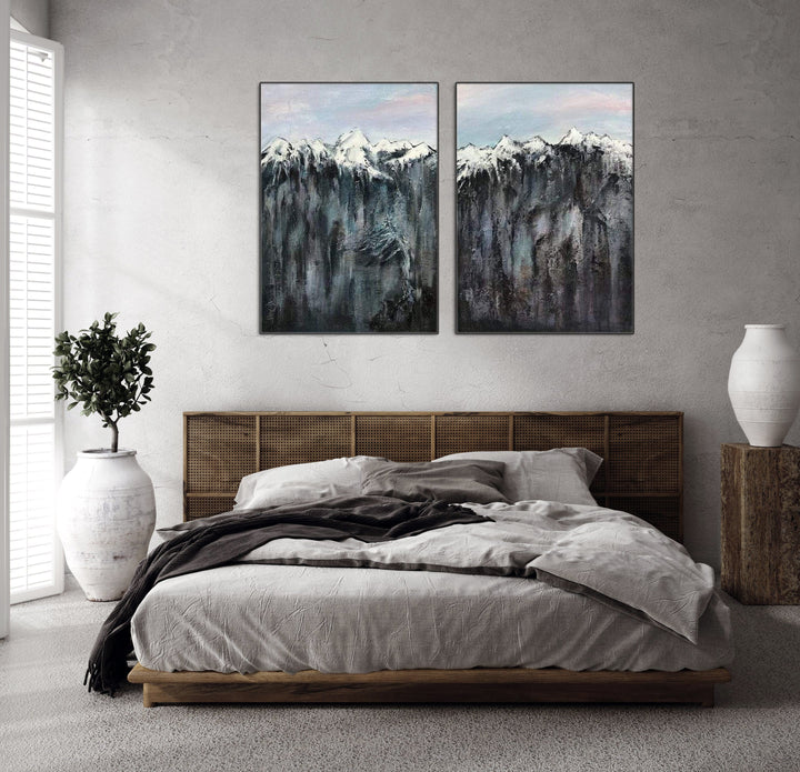 Large Original Abstract Set Of 2 Oil Gray Paintings On Canvas Mountains Fine Art Contemporary Wall Art | MOUNTAINS - trendgallery.ca