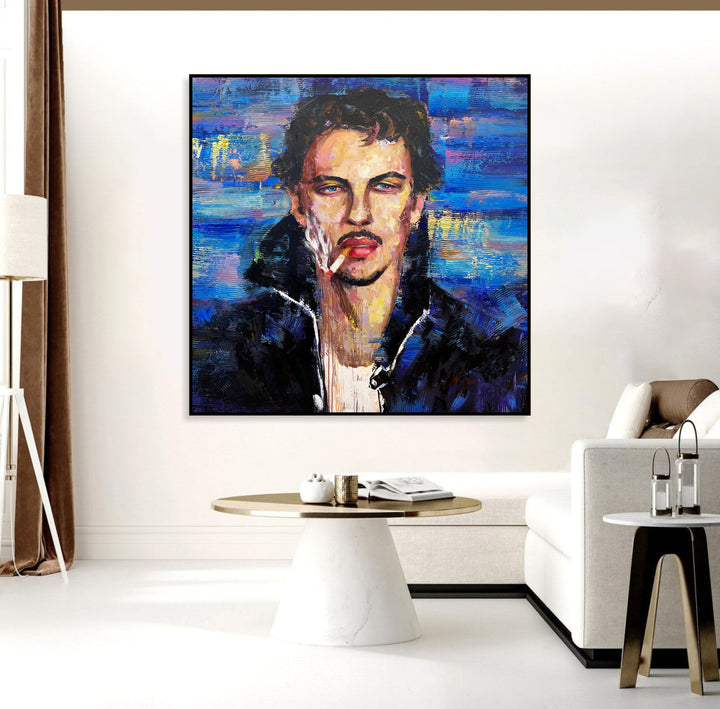 Figurative Art Abstract Paintings On Canvas Human Painting Smoking Men Painting Acrylic Blue and Beige Painting Texture Wall Art | TOBACCO REVERIE 53"x53"