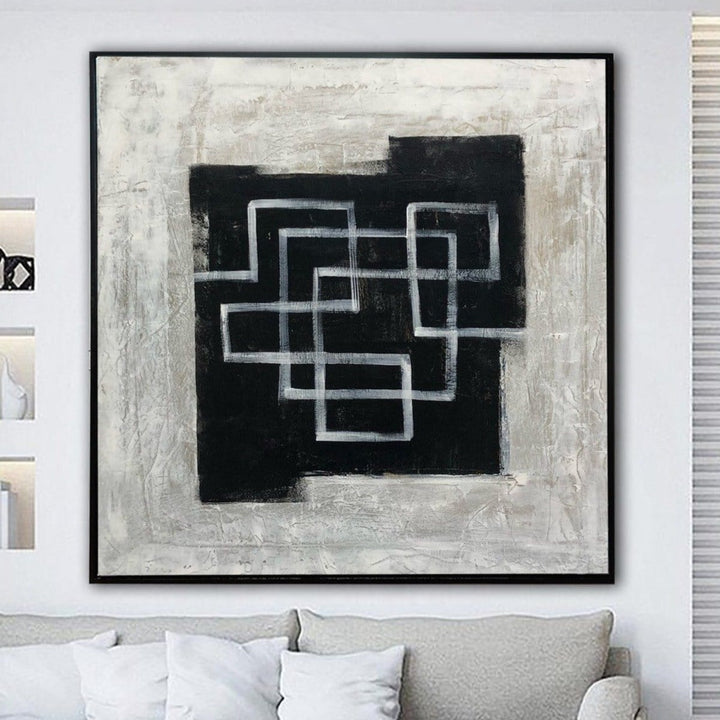 Abstract Black And White Paintings On Canvas Maze Painting Original Textured Wall Art Modern Oil Hand Painted Art | DARK MAZE - trendgallery.ca