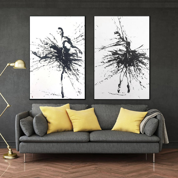 Large Abstract Ballerinas Wall Art Canvas Black and White Wall Art Impasto Oil Painting Diptych Wall Art Ballet Dancer Art | EXPRESSION IN DANCE