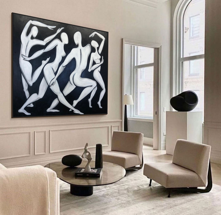 Large Abstract People Silhouettes Black And White Paintngs On Canvas, Textured Figurative Art, Acrylic Oil Painting for Living Room | GREEK PARTY 48"x60"