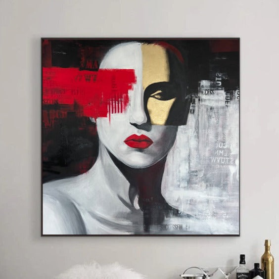 Original Woman Oil Painting Black and White Abstract Female Wall Art Red Lips Decor for Bedroom | MODERN WOMAN