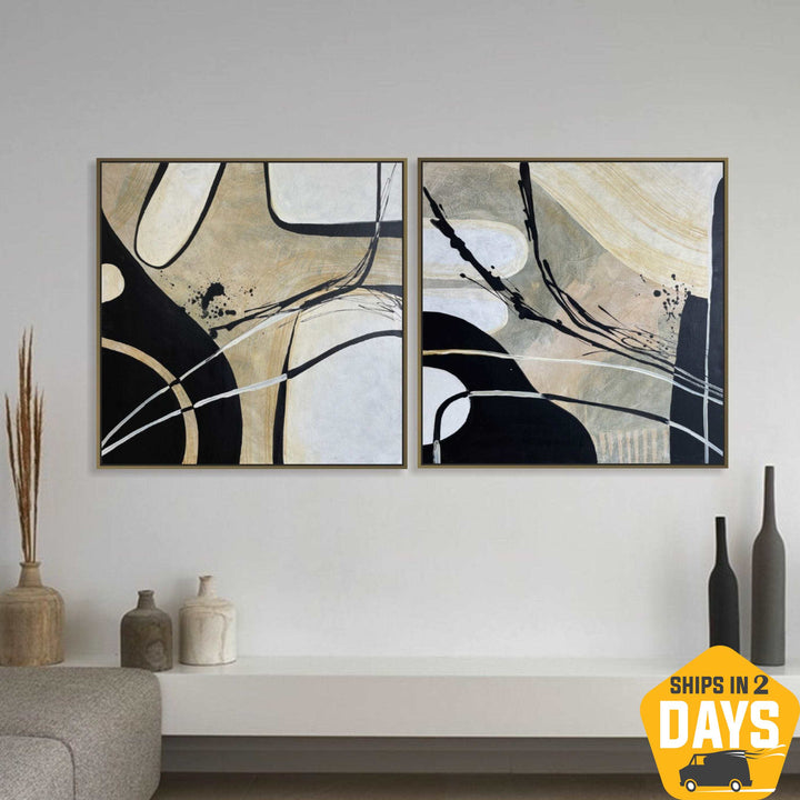 Abstract Black And White Set of 2 Paintings On Canvas, Custom Minimalist Artwork, Geometric Oil Painting for Living Room Decor | BEIGE THEORY & GEOMETRY 2P 26"x52"