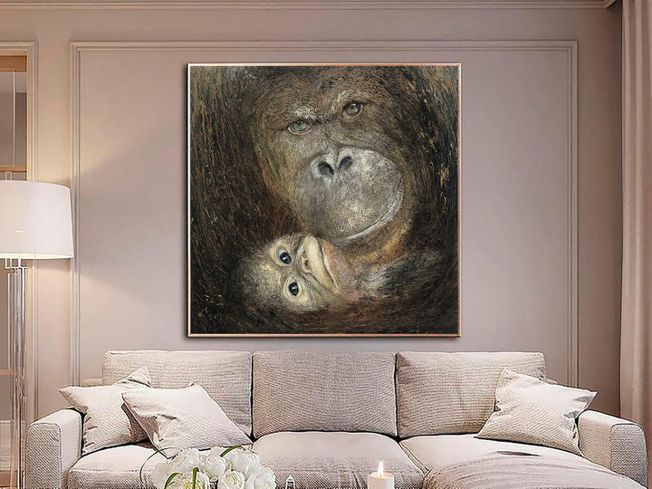Original Gorillas Paintings On Canvas Realistic Gorilla Wall Art Monkey Painting Animal Portrait Monochrome Art Animal Family Painting | MOTHER'S LOVE - trendgallery.ca