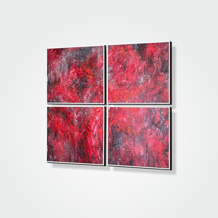 Abstract Red Set of 4 Paintings On Canvas, Modern Custom Oil Painting, Abstract Textured Artwork is a Perfect Decor for your Living Room | SCARLET ABYSS