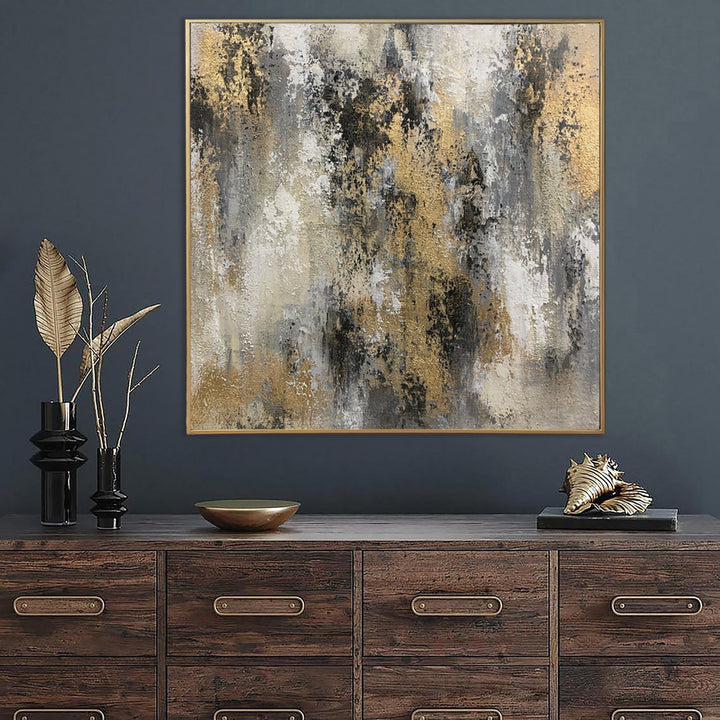 Abstract Painting on Canvas Gold Leaf Wall Art Grey Painting Original Oil Artwork Creative Art Contemporary Wall Art for Aesthetic Decor | ROUGH WATER - trendgallery.ca