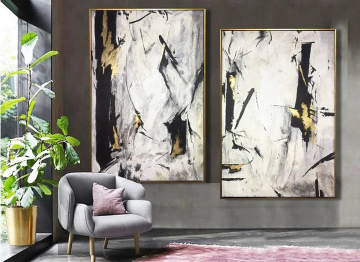 Oil Paint Canvas Set Abstract Art Set Of 2 Black White Abstract Painting Office Decor Minimal Art Texture Painting | POTENTIAL GROWTH