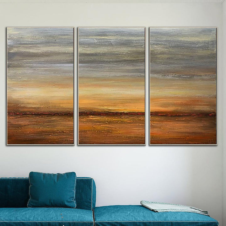 Original Landscape Set Of 3 Paintings On Canvas Orange Painting Original Oil Artwork Handmade Triptych Paintings | ORANGE SUNSET - trendgallery.ca