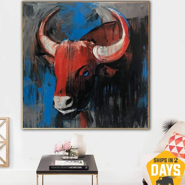 Abstract Cow Head Paintings On Canvas Colorful Expressionist Art In Blue, Red And Red Colors Textured Bull Artwork | RED COW 40"x40"