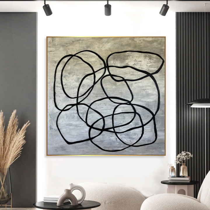 Abstract Black and White Paintings On Canvas Unique Abstract Lines Artwork, Modern Geometric Painting Minimalist Acrylic Art for Home Decor | WANDERING CIRCLES