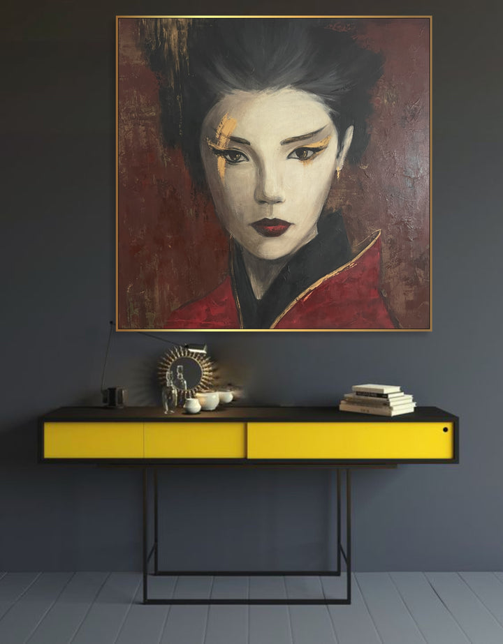 Large Abstract Asian Woman Paintings On Canvas Black And Red Colors Figurative Art Asian Culture Oil Painting Contemporary Wall Decor | WU ZETIAN 60"x60"