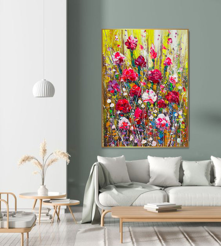 Abstract Colorful Flowers Paintings On Canvas Original Textured Floral Art Contemporary Handmade Painting for Home Wall Decor | FLORAL SYMPHONY 50"x34"