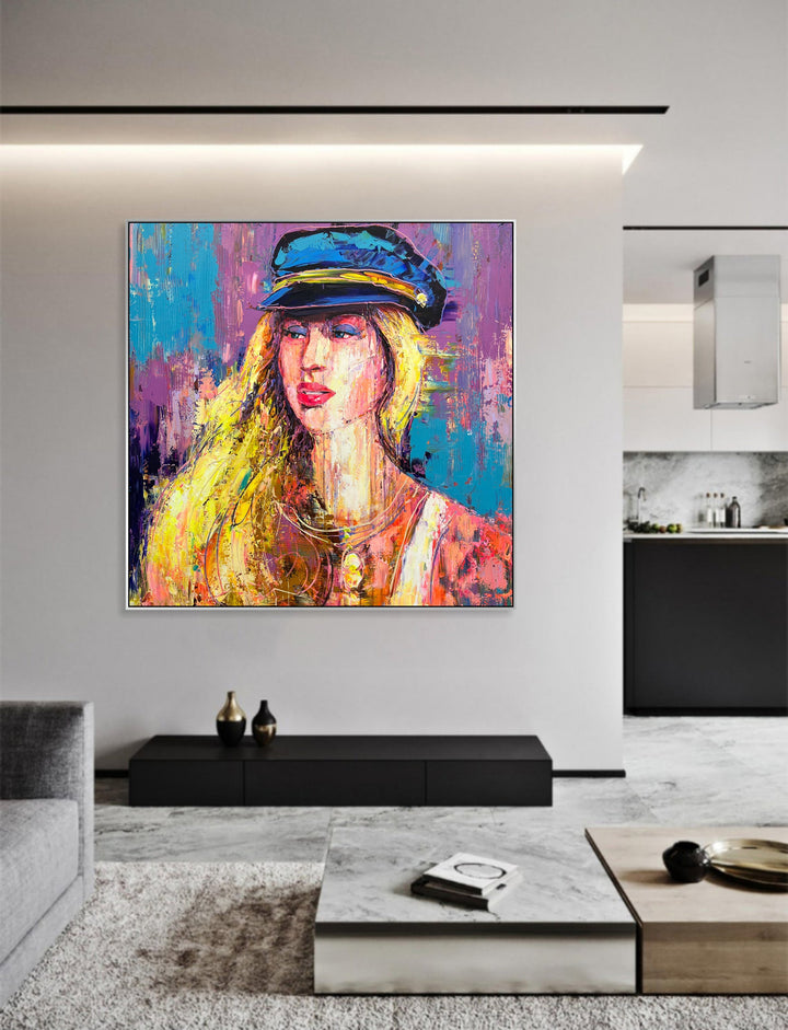 Figurative Art Painting Women In Cap Face Painting Canvas Modern Paintings Living Room Unique Wall Art Home Decor Contemporary | AZURE ELEGANCE 46"x46"