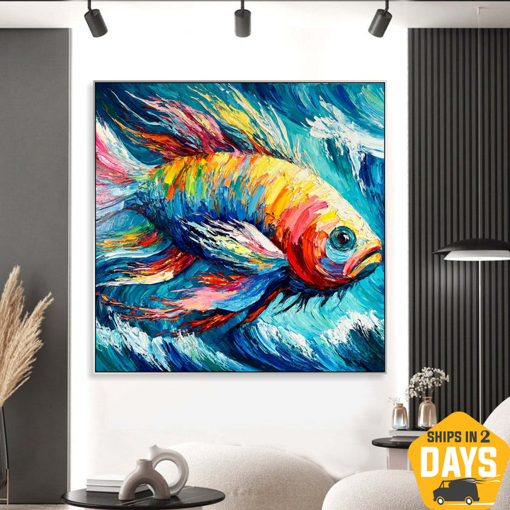 Colorful Fish Large Acrylic Abstract Painting Texture Wall Art Modern Paintings On Canvas Frame Painting Contemporary Art Acrylic | MARINE MELODY 48"x48"