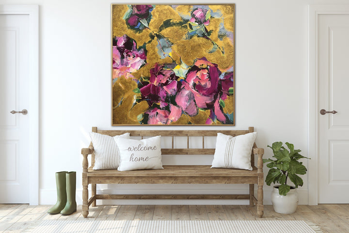 Large Flowers Paintings On Canvas Colorful Abstract Floral Art In Pink And Gold Colors Textured Handmade Painting Modern Art | FLOWER COLLAGE - trendgallery.ca