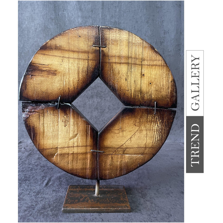 Original Round Wood Sculpture Abstract Coin Table Statue Creative Desktop Art Wood Desktop Art | DEPTH 16"x14.5" - Trend Gallery Art | Original Abstract Paintings