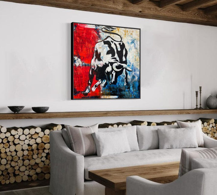 Large Abstract Bull Painting On Canvas Original Acrylic Animal Painting Colorful Wild Animal Wall Art Impasto Painting Hand Painted Art | OBSTINATE BULL