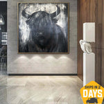 Large Abstract Bull Paintings On Canvas Wild Animal Painting Original Wild Nature Art Handmade Textured Painting | BULL 27.55"x27.55"