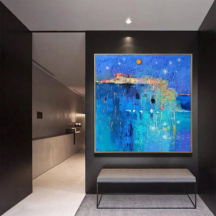Large Original Abstract Blue Paintings On Canvas Textured OIl Painting Wall Art Creative Fine Art Modern Painting | MOON NIGHT - trendgallery.ca