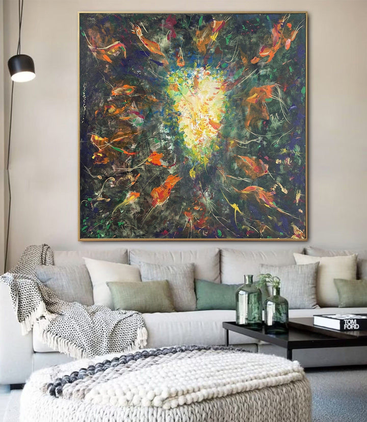 Abstract Green Paintings On Canvas Original Colorful Artwork Heavy Textured Oil Painting | PORTAL IN THE FOREST 40"x40"