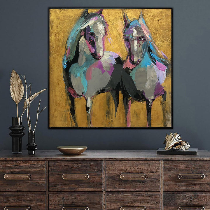 Abstract Horses Painting Canvas Animal Wall Art Horse Couple Painting Bright Wall Art Contemporary Wall Art Commission Artwork | COUPLE OF HORSES