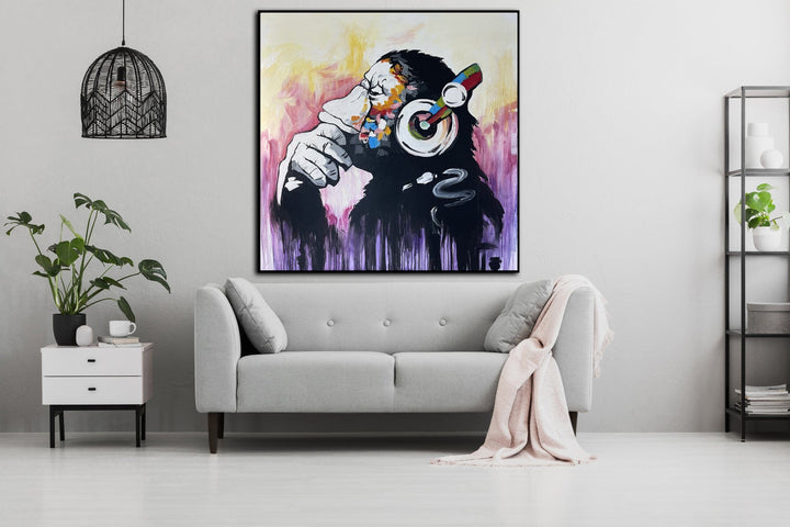 Abstract Monkey In Headphones Painting On Canvas Original Animal Hand Painted Artwork | POSITIVE VIBRATION 50"x50"