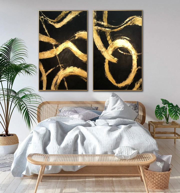 Large Abstract Set of 2 Paintings Black Gold Artwork Aesthetic Painting New Apartment Gift Diptych Painting Minimalist Art | GOLD LEAF PATTERNS