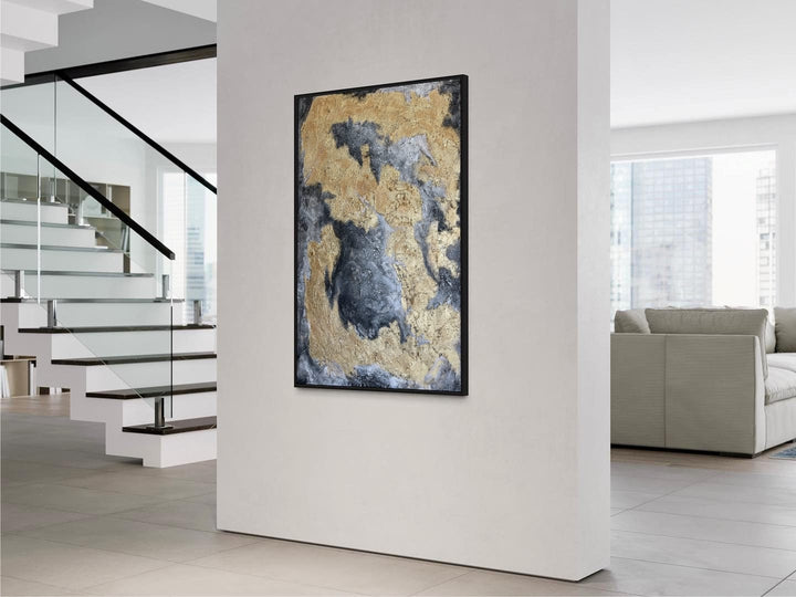 Original Gold Leaf Wall Hanging Artwork on Black Abstract Oil Painting Modern Decor for Home | GOLDEN MAINLAND 46"x34"