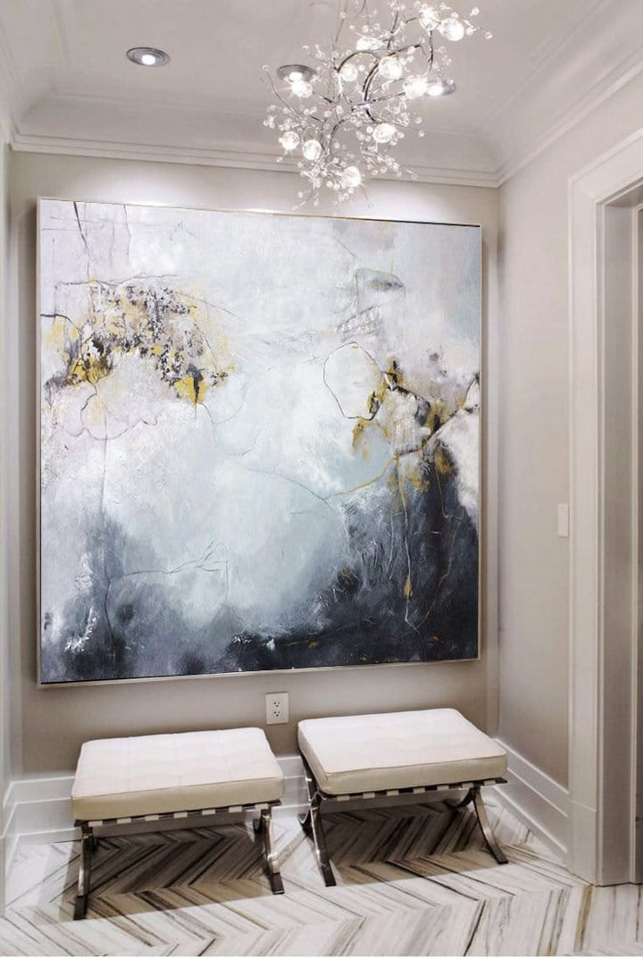 Abstract Painting in Grey, White and Gold Leaf | SOMEWHERE IN THE HEAVEN - trendgallery.ca