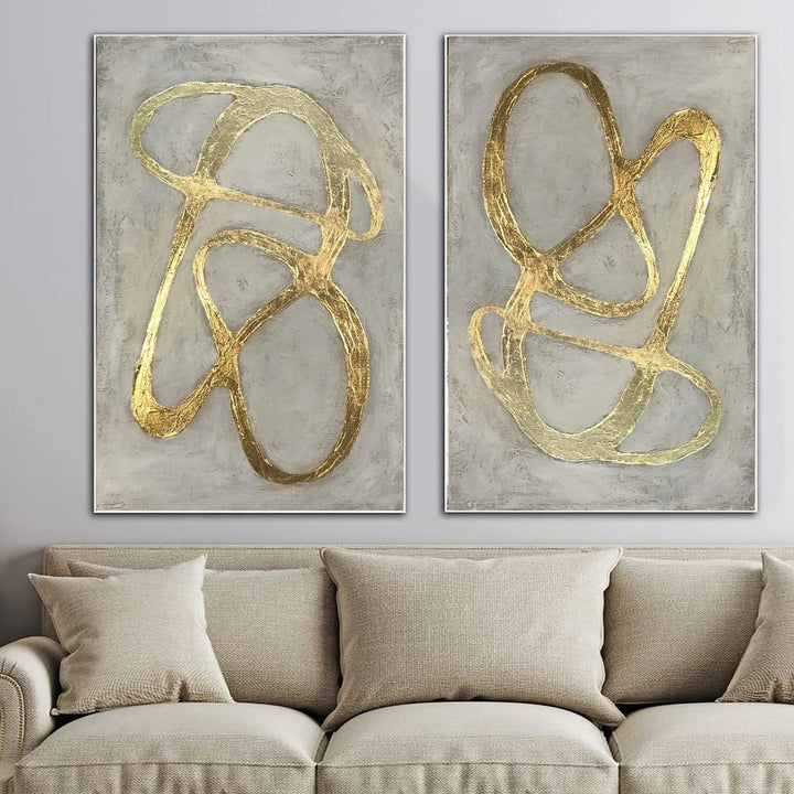 Large Abstract Set of 2 Gray Paintings On Canvas Original Gold Leaf Unique Fine Art Creative Handmade Artwork | GOLDEN PATH - trendgallery.ca