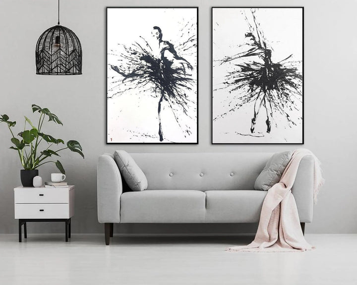 Large Abstract Ballerinas Wall Art Canvas Black and White Wall Art Impasto Oil Painting Diptych Wall Art Ballet Dancer Art | EXPRESSION IN DANCE