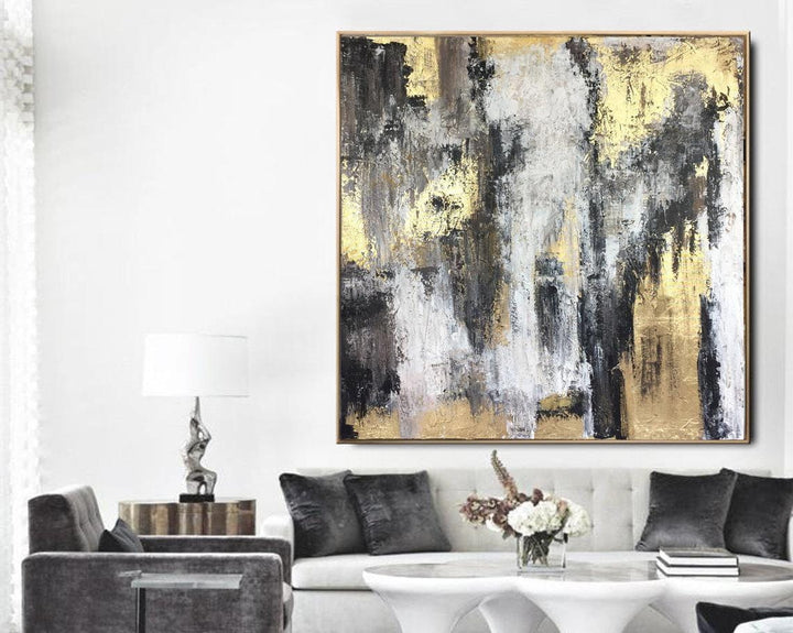 Black And White Painting Gold Leaf Modern Painting Oversized Abstract Painting On Canvas | ENERGY FLOWS - trendgallery.ca
