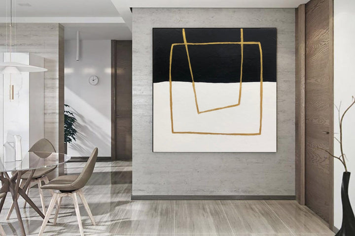 Original Abstract Black And White Paintings On Canvas Minimalist Art Textured Painting Golden Lines Art Modern Wall Art | DIVIDED POWER - trendgallery.ca