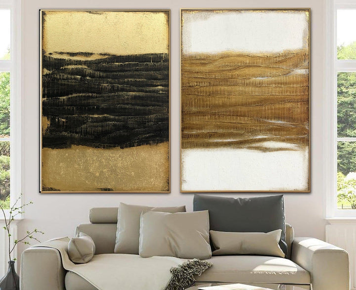 Large Abstract Diptych Painting On Canvas In Gold, Black And White Colors Acrylic Painting Set Of 2 Textured Wall Decor | BETWEEN DAY AND NIGHT