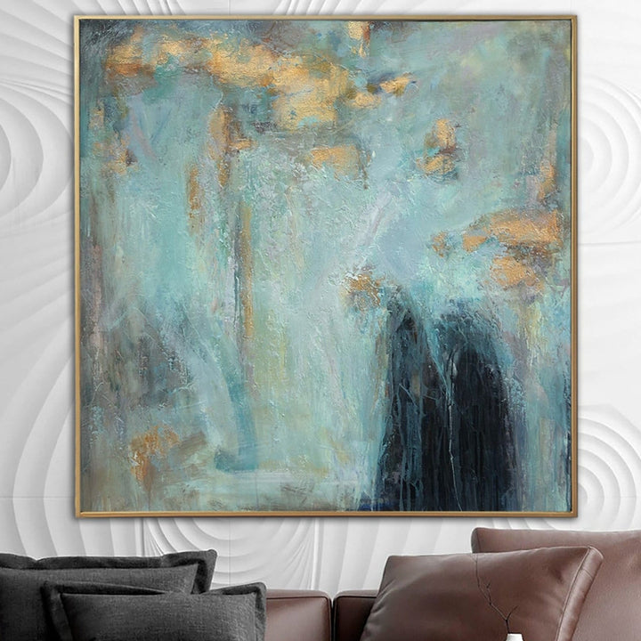 Large Abstract Painting on Canvas Turquoise Wall Art Neutral Artwork Painting 32x32 Art for Aesthetic Room Decor | FROSTY MORNING - trendgallery.ca