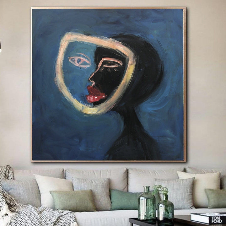 Large Abstract Face Painting Oil Original Art Female Face Painting on Canvas Woman Face Wall Art Dark Blue Canvas Art Decor | SPLIT - trendgallery.ca