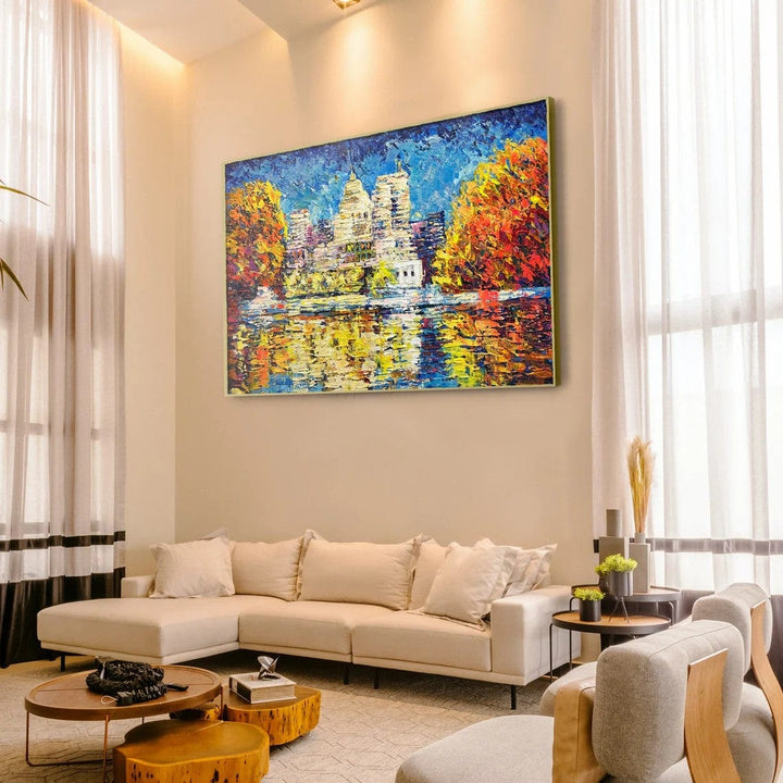 Abstract Colorful Lake Landscape Oil Painting on Canvas Large Original Modern Orange Textured Wall Art | CITY LAKE - trendgallery.ca
