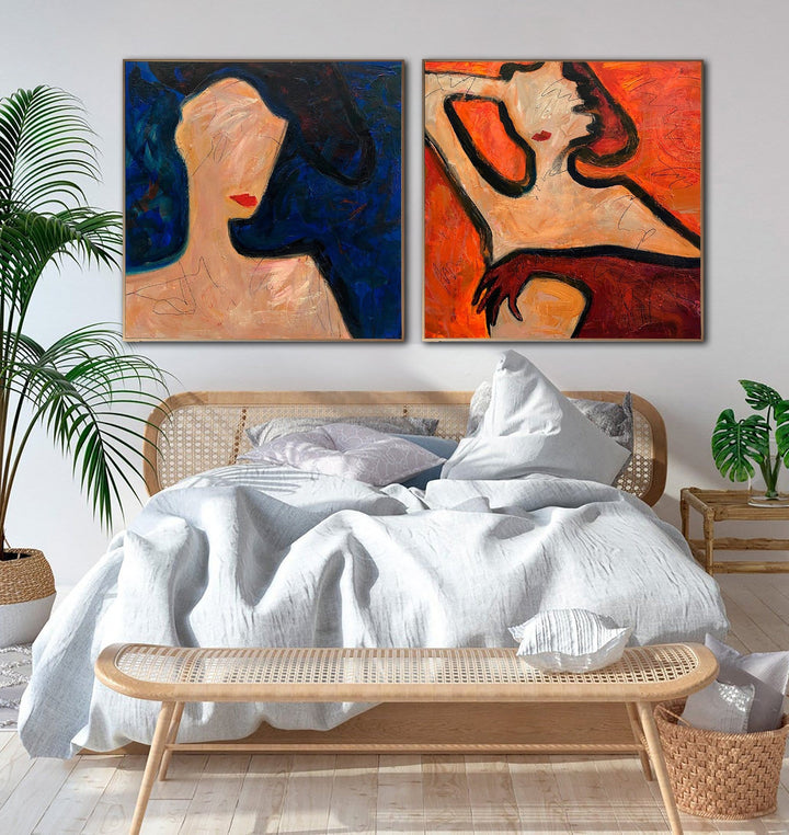 Original Set of 2 Figurative Paintings On Canvas In Red And Blue Colors Abstract Minimalistic Art Women Wall Art | WOMEN'S EVENING - trendgallery.ca