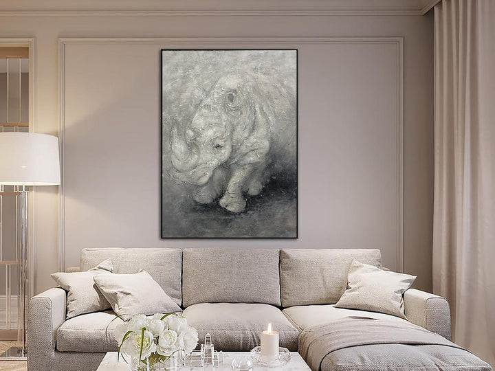 Huge Rhinoceros Painting Animal Wall Grey Art Large Original Acrylic Painting On Canvas Wall Canvas Art Original Wall Art Framed | WISE RHINOCEROS 40"x30"