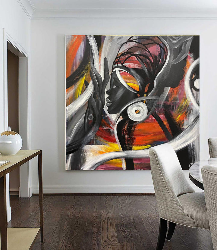 Large Abstract African Woman Face Painting in Black And Red Colors Abstract Figurative Fine Art Original Handmade Artwork | FEMALE ESSENCE - trendgallery.ca