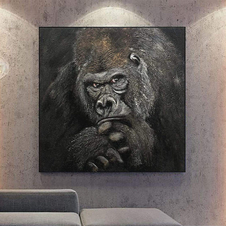 Large Animal Painting Canvas Abstract Gorilla Wall Art Heavy Textured Art Monochrome Artwork Realistic Animal Portrait Painting | PIERCING GAZE