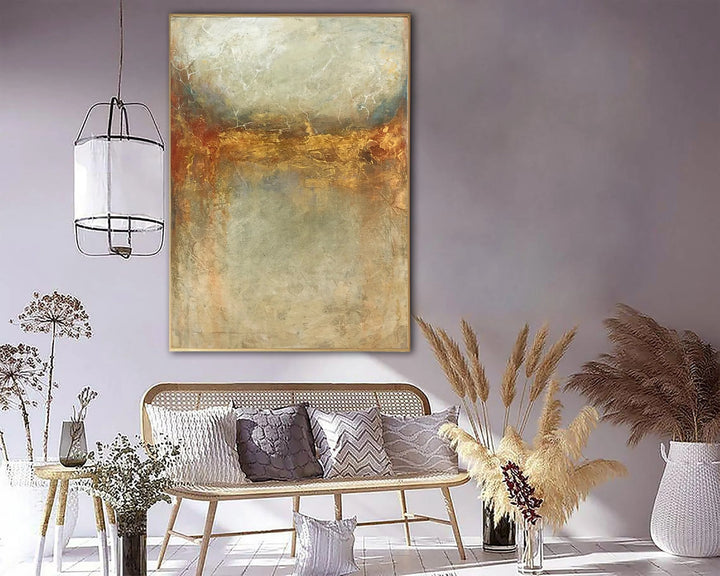Abstract Beige Painting on Canvas Gold Leaf Wall Art Heavy Textured Oil Artwork Commissioned Painting for Hotel Wall Decor | FIELD ON FIRE - trendgallery.ca