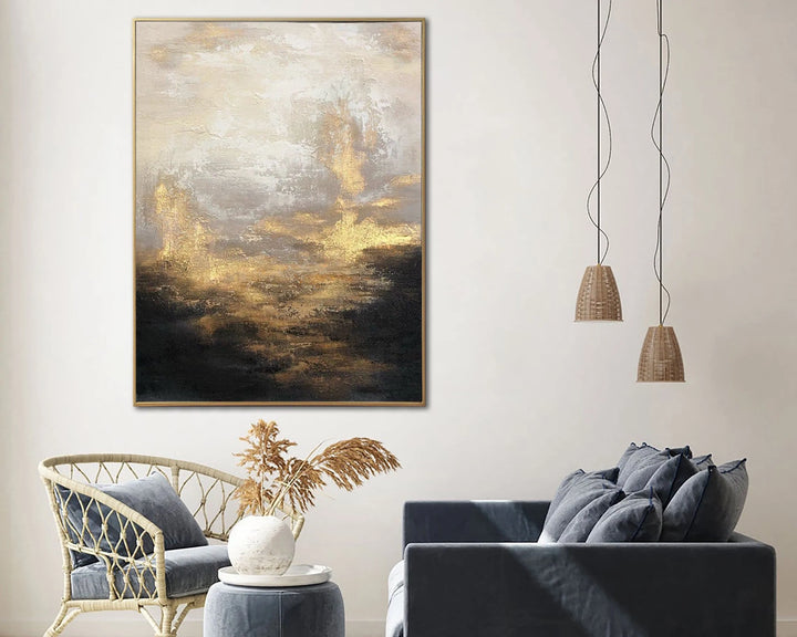 Abstract Black and White Painting on Canvas Gold Leaf Wall Art Beige Artwork Modern Landscape Painting for Aesthetic Room Decor | GOLDEN SUNRISE - trendgallery.ca