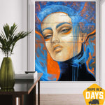 Painting of women Colorful abstract custom portrait Framed art Original modern paintings Canvas wall art abstract blue and beige | FLAME WOMEN 57"x43"