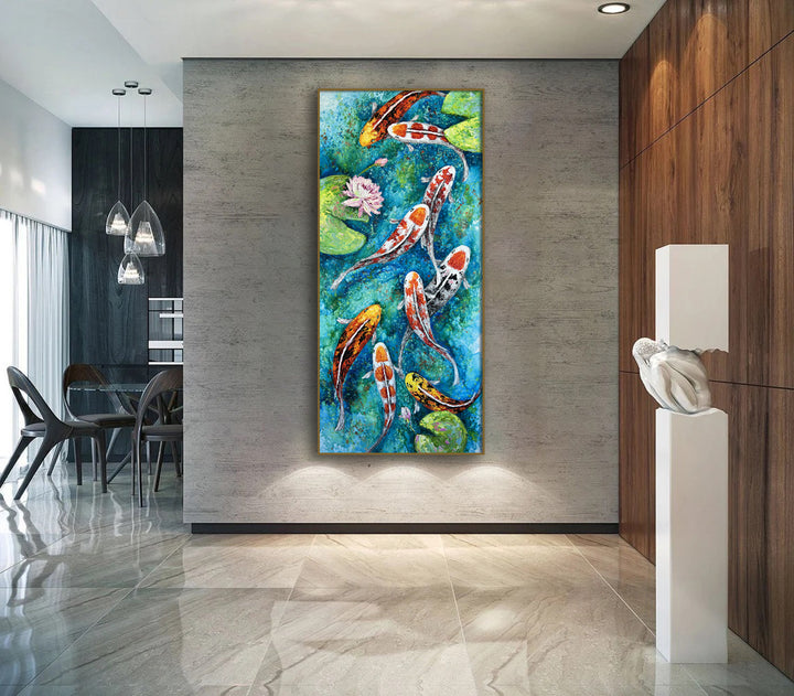Original Fish Pond Oil Painting Colorful Fish Koi Artwork Abstract Textured Wall Art for Bedroom | KOI POND