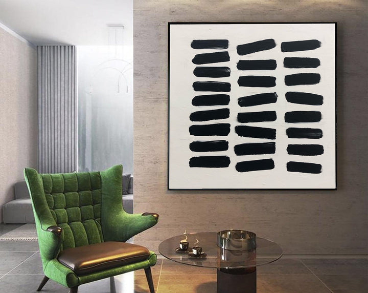 Large Black And White Painting on Canvas Abstract Bricks Wall Art Fine Art Black Strokes White Background Minimalist Art Modern Decor | DOTTED BLACK - trendgallery.ca