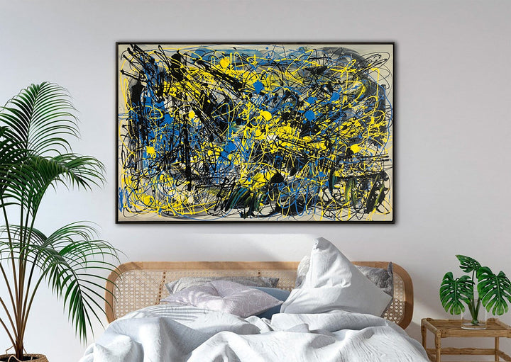 Jackson Pollock Style Paintings On Canvas Abstract Expressionist Painting In Blue And Yellow Colors Modern Handmade Painting | CHAOTIC DREAMS - trendgallery.ca